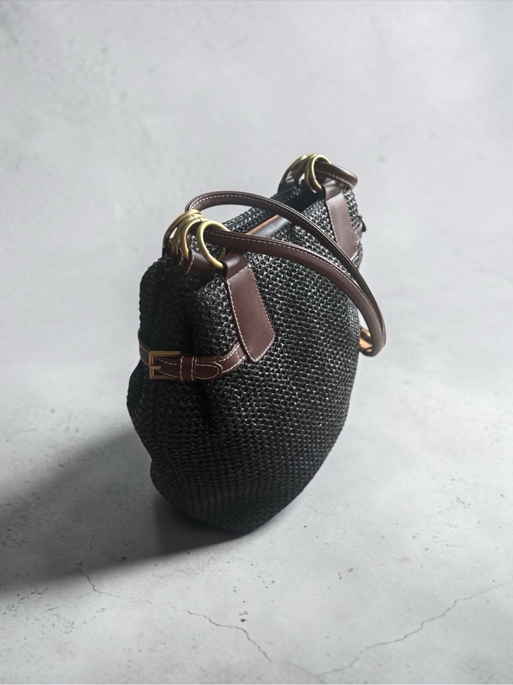 Studio Works Chic Black Woven Shoulder Bag Gold Hardware